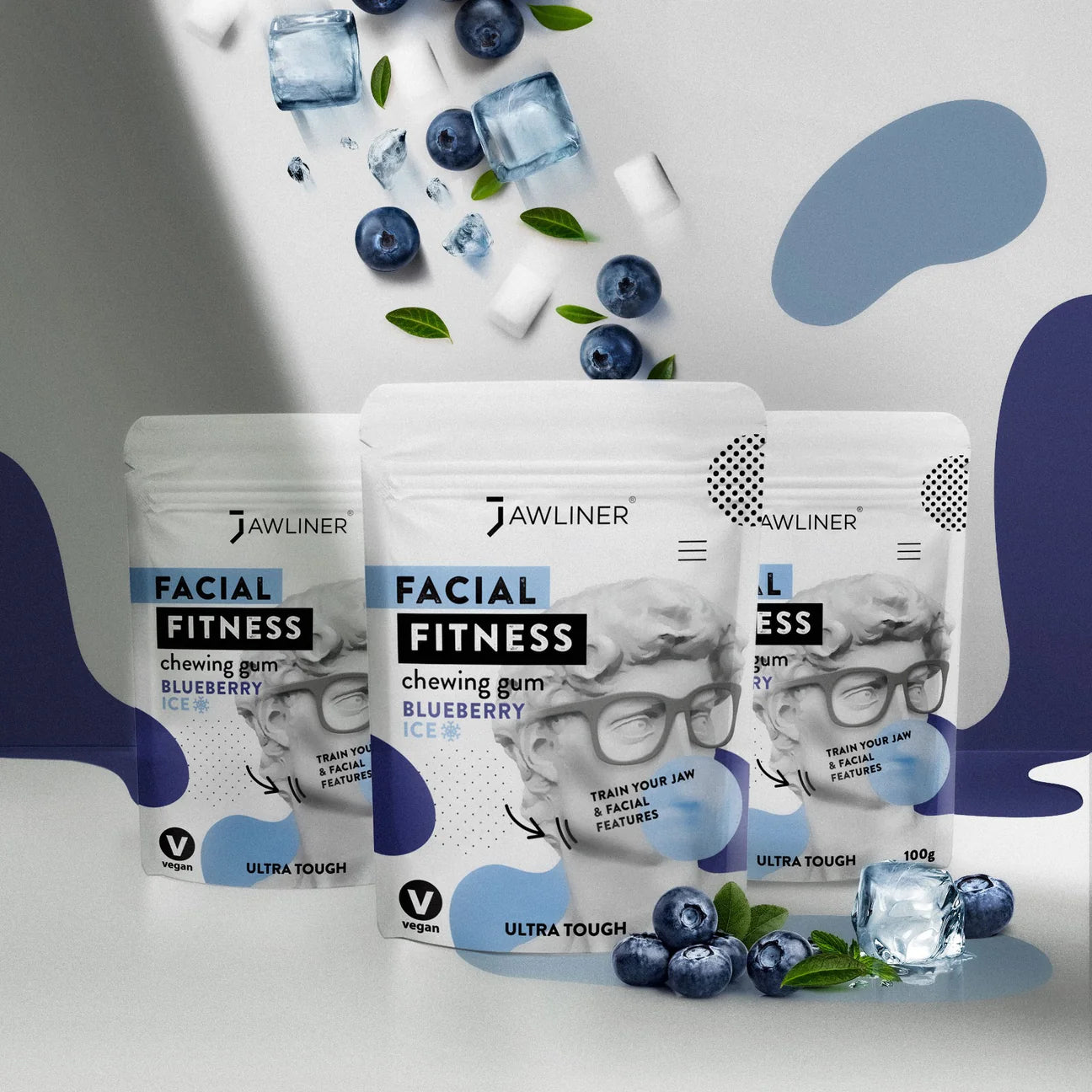 BACK IN STOCK JAWLINER Facial Fitness Chewing Gum Blueberry Ice